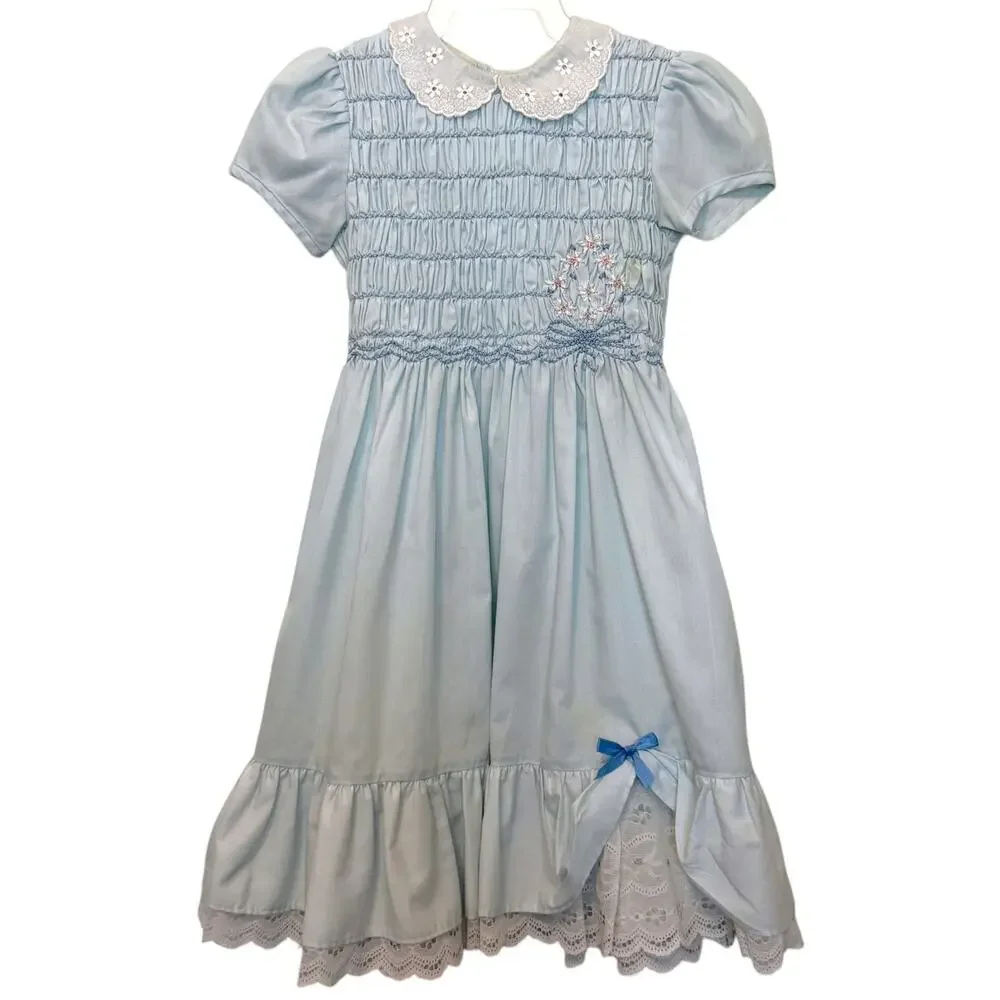 Vintage Polly Flinders Hand Smocked Dress Blue Floral 6X